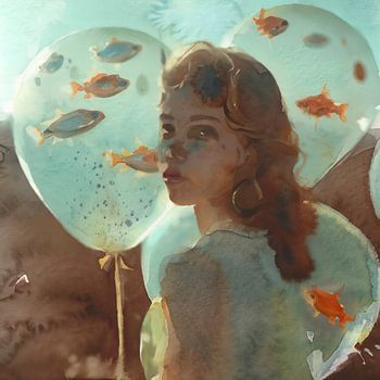 Portrait de femme avec des poissons dans des ballons - aquarelle