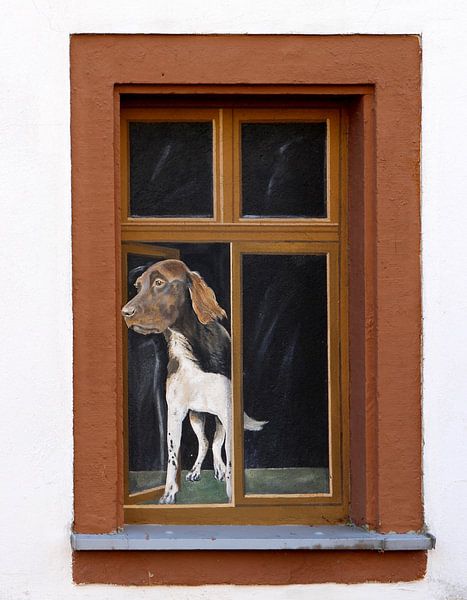 Window with painting of a dog looking outside by Atelier Liesjes