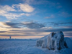 Der Brockenstein auf dem Brockengipfel im Harz bei Sonnenaufgang
