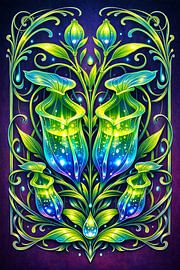 Bioluminescent Neon Pitcher Plant Art Nouveau by Avinigav