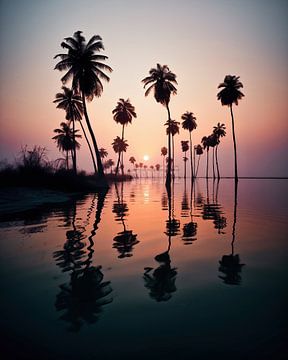 Palmbomen in de zonsondergang van fernlichtsicht