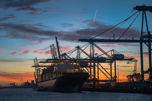 Containerschip en kranen met zonsopkomst