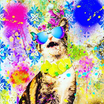 Mixed media art of Puss with paint by John van den Heuvel