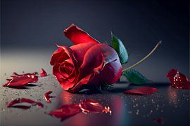 Eine dramatisch blühende rote Rose mit abgefallenen Blütenblättern und glitzerndem Tau auf einer dunklen, spiegelnden Oberfläche von Artistic
