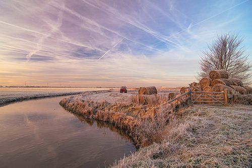 Dawn farmer is hard at work with tractor during this beautiful morning with hoarfrost on the fields.