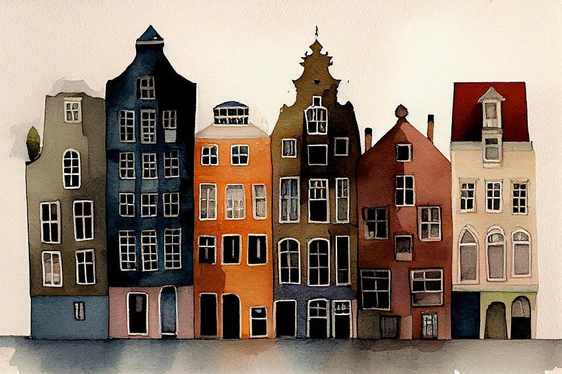 Amsterdamse Grachtenpanden met Waterverf van Maarten Knops