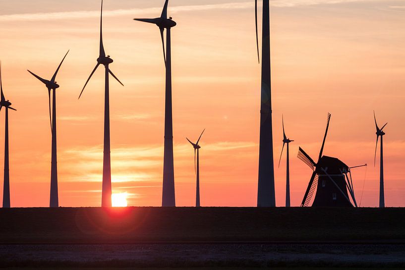 Windmill and Wind turbines at Sunset by Volt