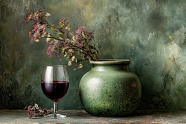 Grüne Vase – Elegantes Stillleben mit Rotwein von Joriali Fine Art