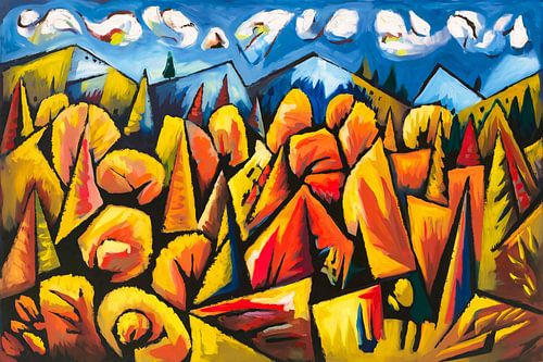 Kubistisch boslandschap met bergen