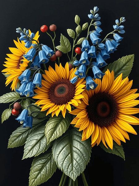 Sonnenblumen und Glockenblumen: Eine lebendige Blumenpracht von Artistic
