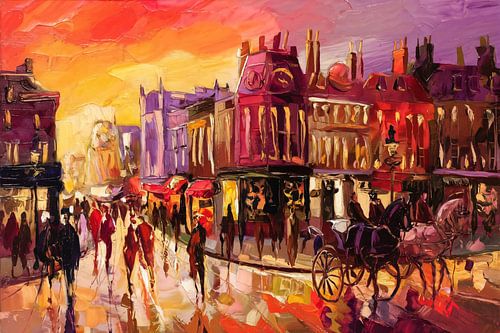 Levendige stad bij zonsondergang