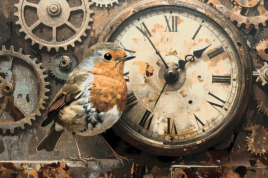 roodborstje bij klok - vintage kunstwerk