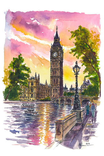 Big Ben au-dessus de la Tamise, baigné dans la lumière dorée de Londres