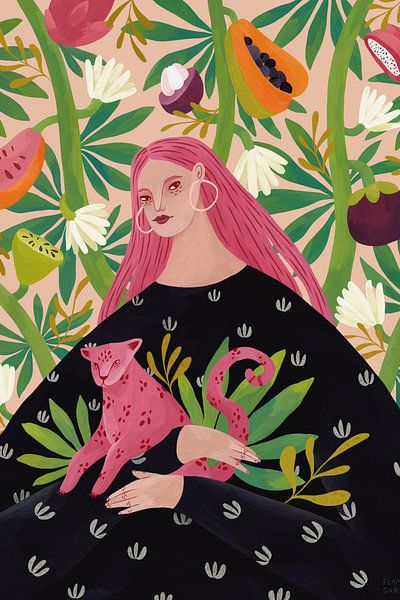 Dame mit dem pinken Panther von Flaming Garden by The Artcircle