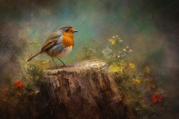 Roodborstje op een boomstronk – Olieverf Schilderij in Herfstige Natuurtinten