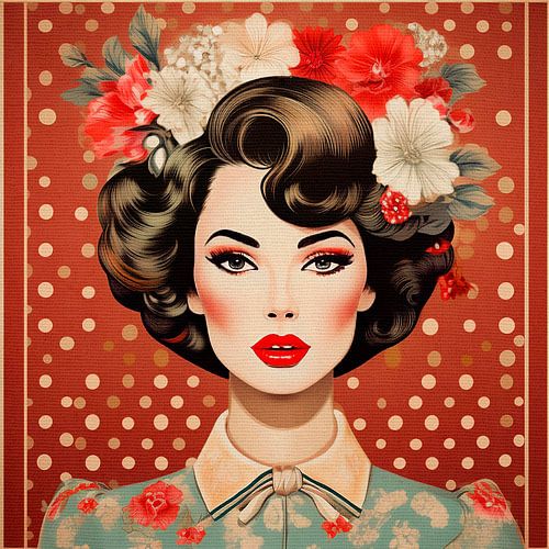 Retrolook portret van een vrouw met bloemen