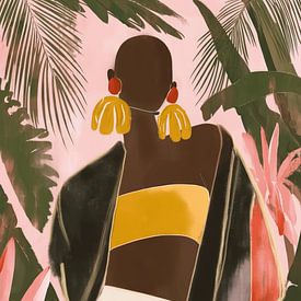 Fashion illustration, portrait of a woman in a tropical setting by Carla Van Iersel