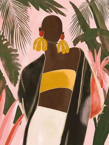 Fashion illustratie, vrouwenportret in tropische sferen van Carla Van Iersel