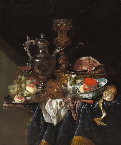 Silver Wine Jug, Ham, and Fruit, Abraham van Beyeren by Masterful Masters