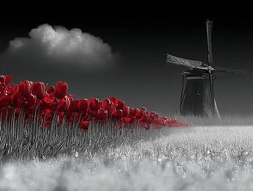 Red Line | Tulip Field and Windmill in Black and White
