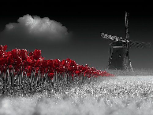 Red Line | Tulip Field and Windmill in Black and White