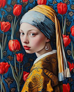 Tulips and the girl with the pearl earring by Vlindertuin Art