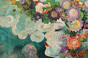 Frau mit Blumen und Locken