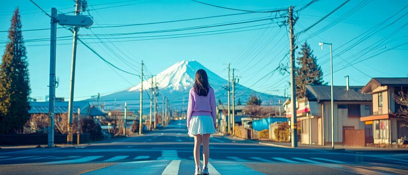 Girl in front of Mount Fuji - distant view by Poster Art Shop