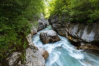 The Soča River flows with great force through the Velika Korita gorge