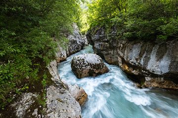 La rivière Soča s'écoule avec une grande force dans les gorges de Velika Korita