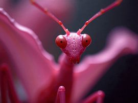 Pink praying mantis emerging from blurred background by Markus Gann