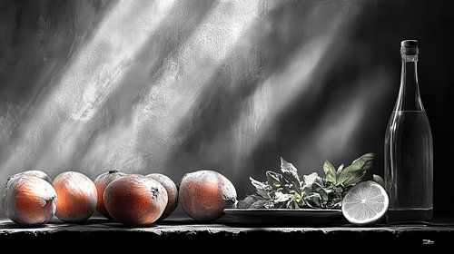 zwart wit stilleven van bloemen en fruit in een extreem dramatisch licht