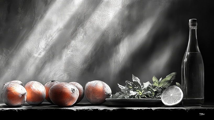 Schwarz-weißes Stillleben mit Blumen und Früchten in extrem dramatischem Licht von Gelissen Artworks