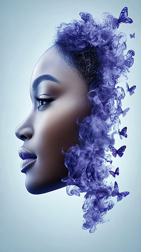Lilac Metamorphosis - Mystiek Vrouwen Portret in Zijprofiel met Paarse Vlinderkracht