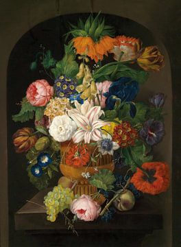 Stilleven van bloemen met druiven, Johann Baptist Drechsler