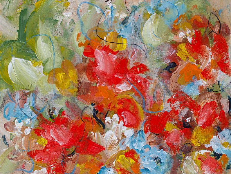 Rock 'n Rose - vrolijk bloemenschilderij in rood van QEIMOY