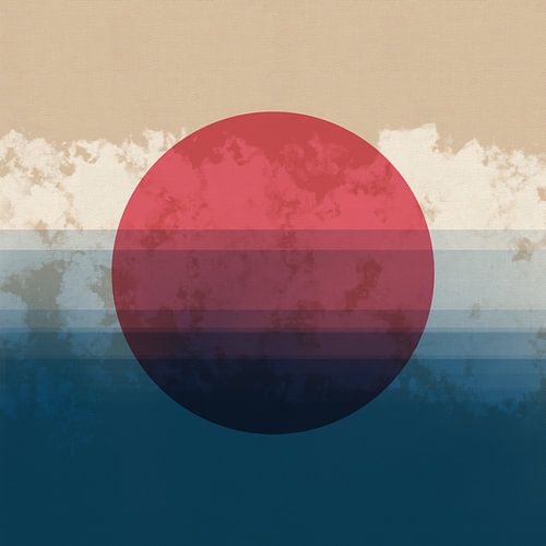 Abstract landschap. Zonsondergang in rood, blauw, beige.