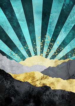 Sun Mountains Gold Teal Abstract Landscape Sunrise Contrast
