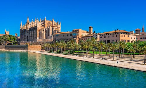 Spanje, uitzicht op kathedraal en Parc de la Mar in Palma de Mallorca