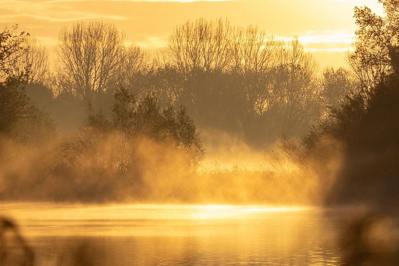 Mist boven het meer tijdens het gouden uurtje in recreatiegebied Geestmerambacht van Bram Lubbers