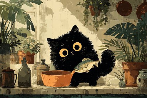 Zwarte kat met vis in de keuken