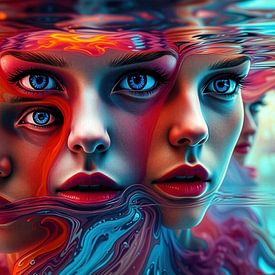 Vijf gezichten van een vrouw - tussen opduiken en zinken, een vloeiende weerspiegeling van dezelfde identiteit in het rijk van water, licht en droom van AidasignArt