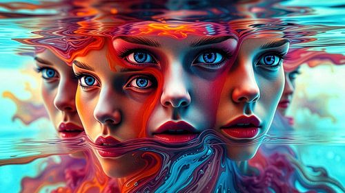 Vijf gezichten van een vrouw - tussen opduiken en zinken, een vloeiende weerspiegeling van dezelfde identiteit in het rijk van water, licht en droom