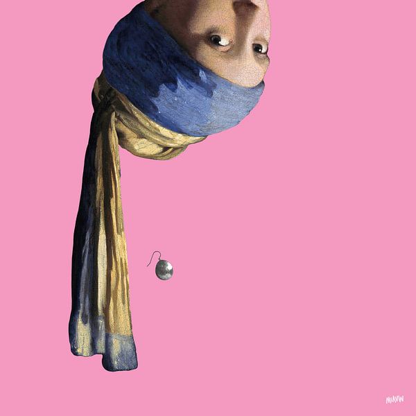 Vermeer Upside Down Girl with a Pearl Earring - pop art pink by Miauw webshop