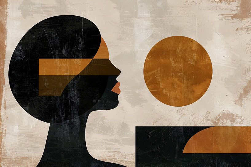 Vrouwelijk silhouet en abstracte cirkels in monochrome kleuren van Art & Soul Creations