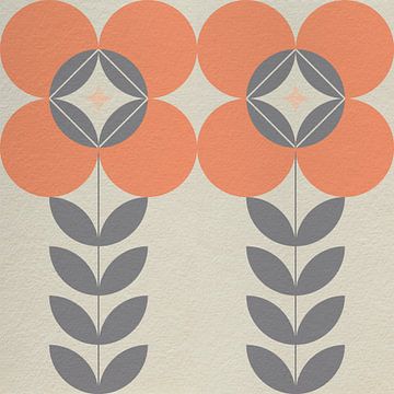 Retro Scandinavisch design geïnspireerd bloemen en bladeren in oranje, grijs, wit van Dina Dankers