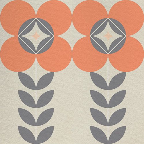 Retro Scandinavisch design geïnspireerd bloemen en bladeren in oranje, grijs, wit