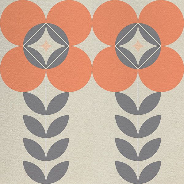 Retro Scandinavisch design geïnspireerd bloemen en bladeren in oranje, grijs, wit van Dina Dankers
