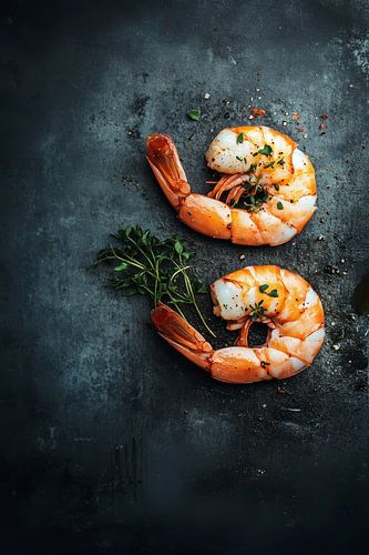 Twee delicate garnalen op een donkere achtergrond