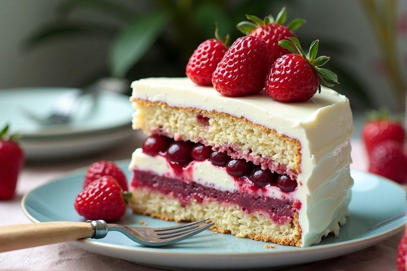 Strawberry cream cake - Creamy cake with red fruit in close-up by Kleurenrijk